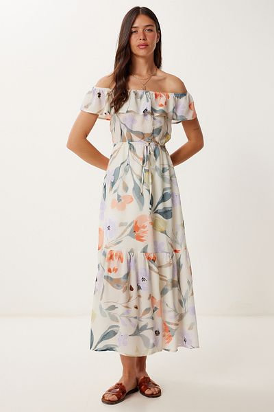 Happiness İstanbul Women's Stone Lilac Carmen Collar Patterned Summer Linen Dress Rg00057
