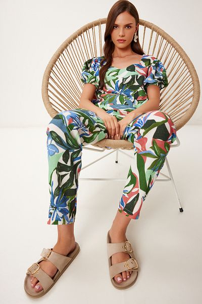 Happiness İstanbul Khakiblau gemusterte Leinenbluse für Damen mit Hosenanzug Fİ00001