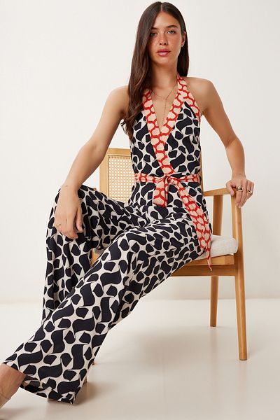 Happiness İstanbul Schwarzer Neckholder-Viskose-Overall mit Knochenmuster für Damen HM00068