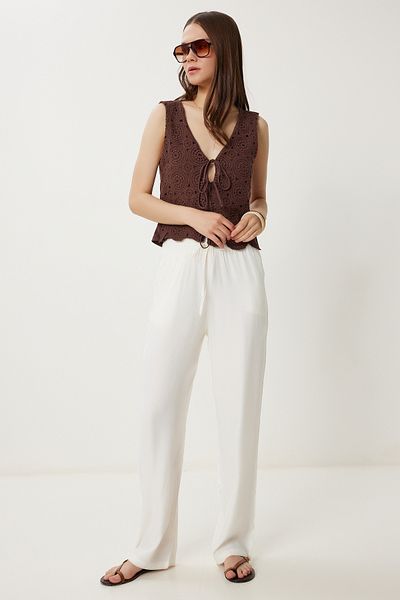 Happiness İstanbul Women's Ecru Patterned Summer Viscose Trousers Wf00110