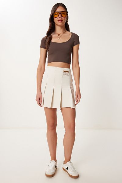 Happiness İstanbul Fusta mini din Gabardine plisată crem pentru damă ZH00055