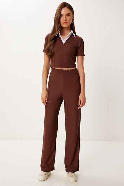 Happiness İstanbul Brauner Polo-Kragen für Damen, dehnbarer, gerippter Strickanzug ZH00054