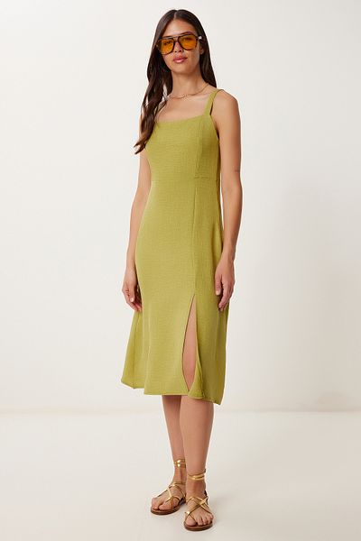 Happiness İstanbul Women's Oil Green Strap Linen Blend Summer Woven Dress Zh00053
