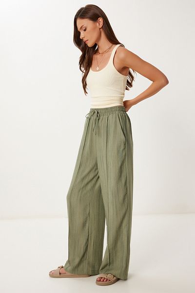Happiness İstanbul Khaki gemusterte Palazzo-Hose aus strukturiertem Leinenmischgewebe für Damen MX00209