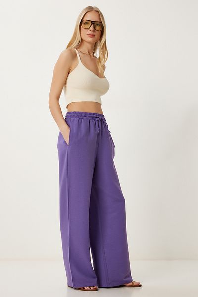 Happiness İstanbul Women's Purple Wide Leg Linen Trousers Dp00261