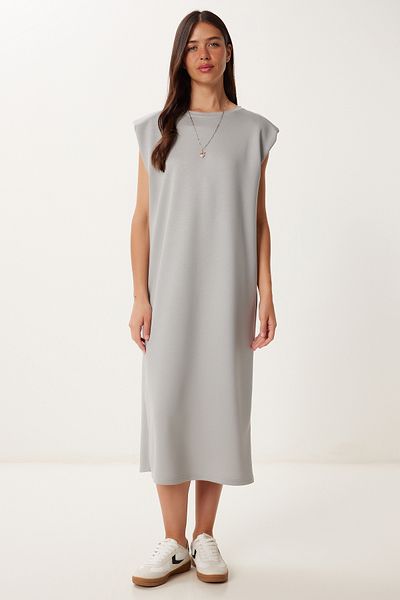 Happiness İstanbul Women's Gray Padded Basic Summer Knitted Dress Zv00332