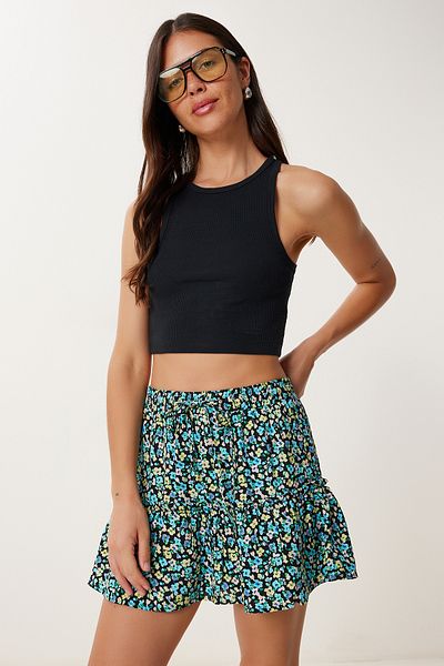 Happiness İstanbul Fusta mini pantaloni scurți cu imprimeu floral negru albastru pentru femei HK00043
