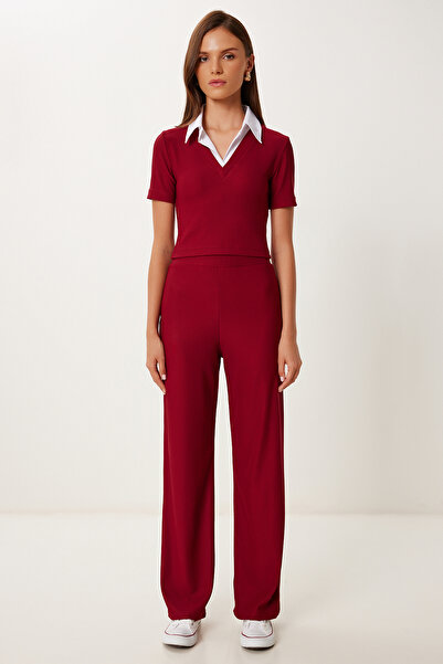 Happiness İstanbul Kadın Bordo Polo Yaka Esnek Fitilli Örme Takım ZH00054