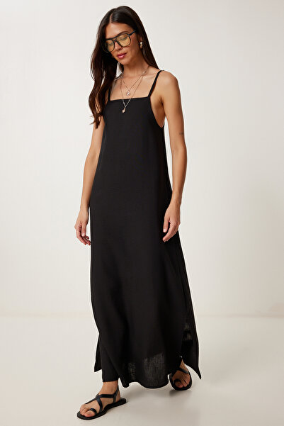 Happiness İstanbul Dámské černé letní lněné šaty s popruhem DZ00129