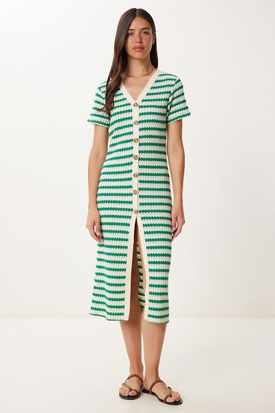 Happiness İstanbul Women's Green Cream Striped Crochet Embroidered Mercerized Knitwear Dress Hk00044