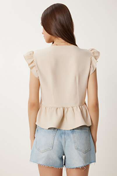 Happiness İstanbul Γυναικεία Κρεμ Δαντέλα Λεπτομερής Φλοράλ Λινό Μπλούζα TP00093