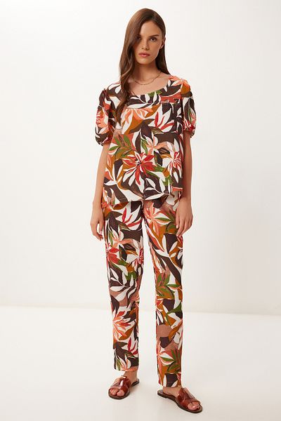 Happiness İstanbul Braune Damen-Blusenhose aus Leinen mit Granatapfelblütenmuster Fİ00001