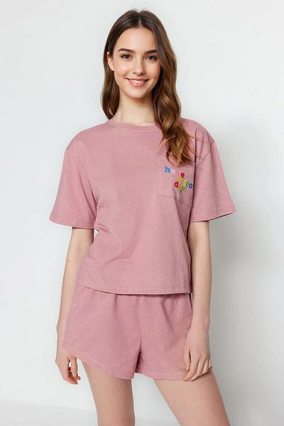Trendyol Collection Pink Slogan Printed 100% Cotton Shorts Sleepwear Set - Thmss23Pt00173