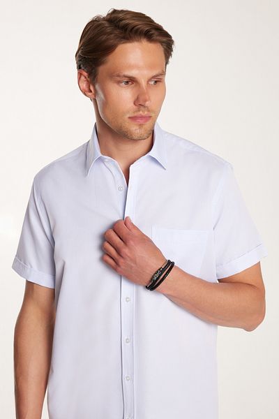 Tudors Men's Regular Fit Classic Cut Short Sleeve Cotton Single Pocket Dobby Light Blue Shirt