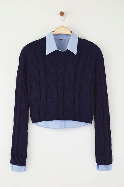 Trendyol Collection Navy Blue Shirt Garnished Detailed Crop Knitwear Sweater Twoaw26Kz00047