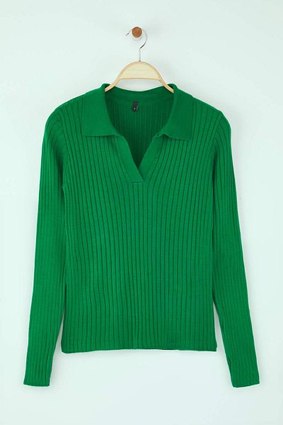 Trendyol Collection Emerald Green Striped Sleeve Detail Polo Collar Knitwear Sweater Twoaw21Kz1113