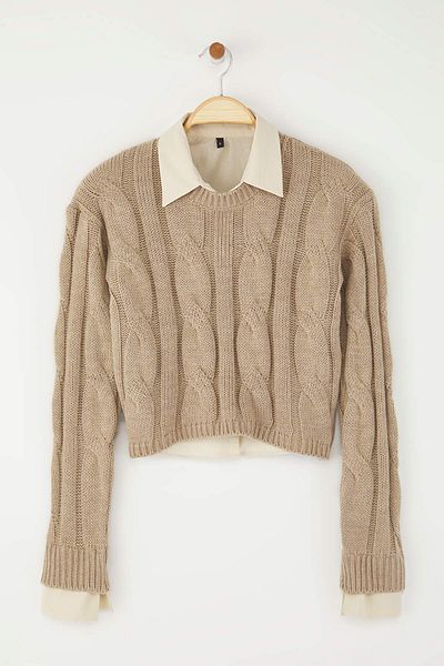 Trendyol Collection Mink Shirt Garnished Detailed Crop Knitwear Sweater Twoaw26Kz00047