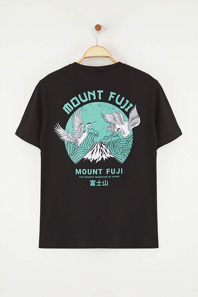 Trendyol Collection Black Slim/Fitted Mount Fuji Printed Cotton T-Shirt Tmnss25Ts00183