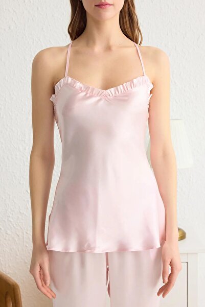 Trendyol Collection Pink Ruffled Rope Strap Satin Woven Pajamas Set Thmss25Pt00107