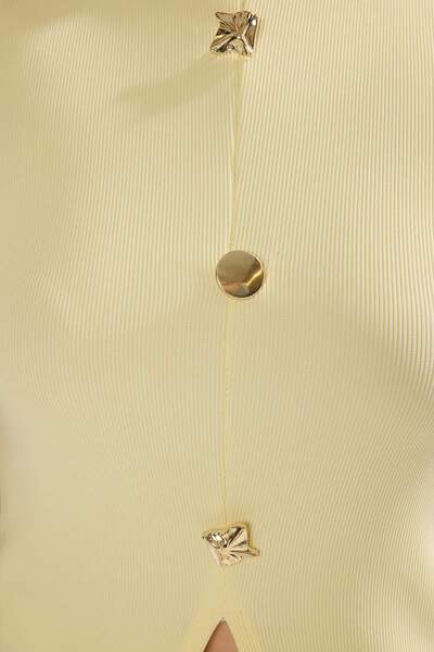 Trendyol Collection Yellow Accessory Buttoned Crew Neck Regular Length Vest Knitted Blouse Twoss25Bz00558