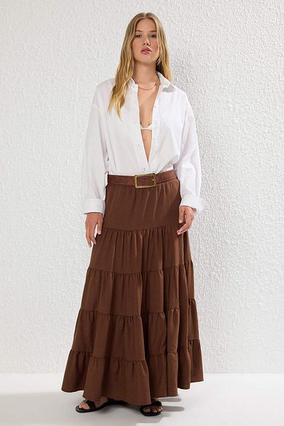 Trendyol Collection Καφέ βαμβακερό υφασμάτινο ύφασμα Maxi μήκους Bohemian υφαντή φούστα TWOSS25ET00029