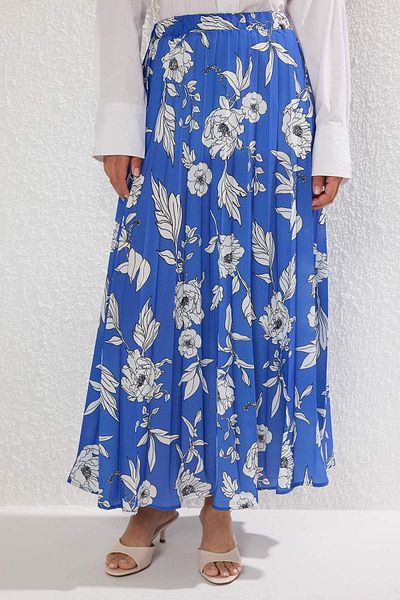 Trendyol Modest Fusta țesătă cu pliuri cu talie elastică, albastru închis, cu modele florale TCTSS23EE00018