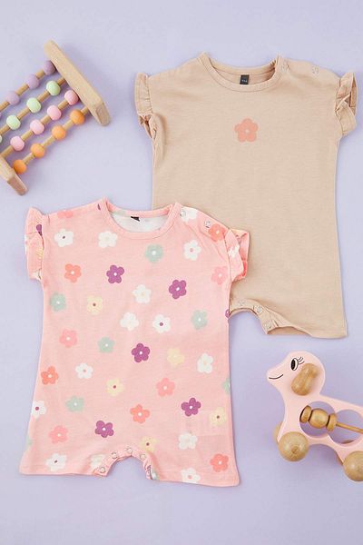 TRENDYOLKIDS Powder 2-Piece Baby Girl 100% Cotton Flower Printed Short Sleeve Knitted Jumpsuit Tkdss25Tu00019