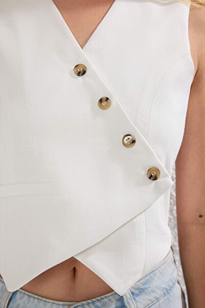 Trendyol Collection White Fitted Linen Look Double Breasted Closure Crop Vest Twoss25Ye00122