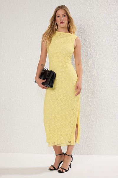 Trendyol Collection Limited Edition Light Yellow Lace Bodycon Backless Stretchy Knitted Dress Twoss25El00485