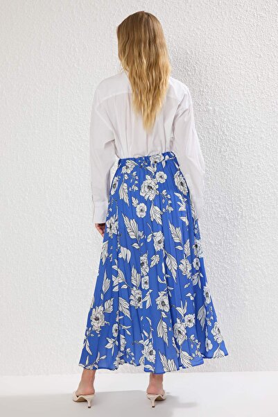 Trendyol Modest Dark Blue Floral Patterned Pleated Woven Skirt with Elastic Waist Tctss23Ee00018