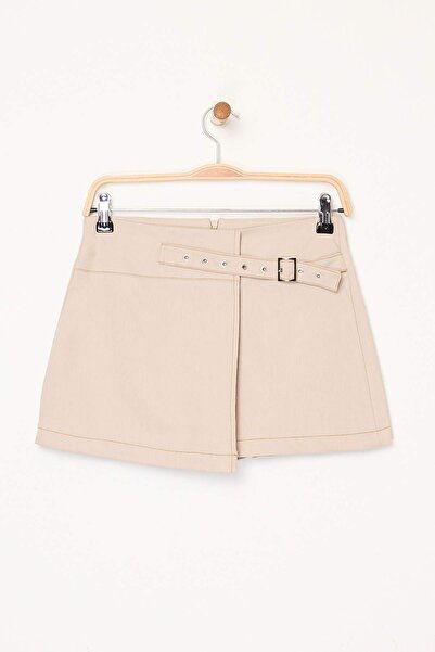 Trendyol Collection Beige Contrast Stitched Mini Gabardine Cotton Shorts Skirt Twoss25Sr00228