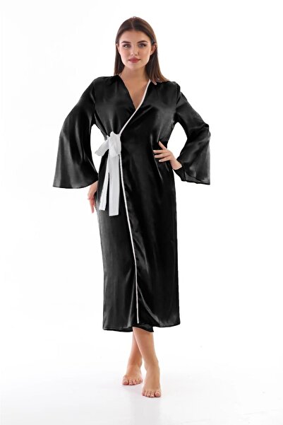 Laperissa Halat de damă din satin negru, cu curea albă, elegant și rafinat, p...