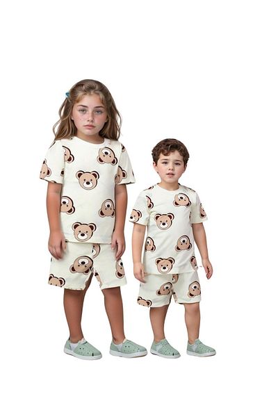 Drop Kids Costum de pijama pentru copii Pantaloni scurti de coloană Cafea cu lapte Model ursuleț 100% bumbac