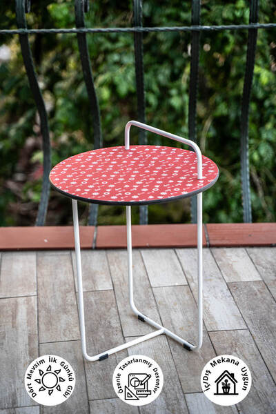 NY Tasarım Marin Desenli Kırmızı Renkli Iç Ve Dış Mekan (BAHÇE, KAMP, PİKNİK, HAVUZ KENARI, TEKNE) Yan Sehpa