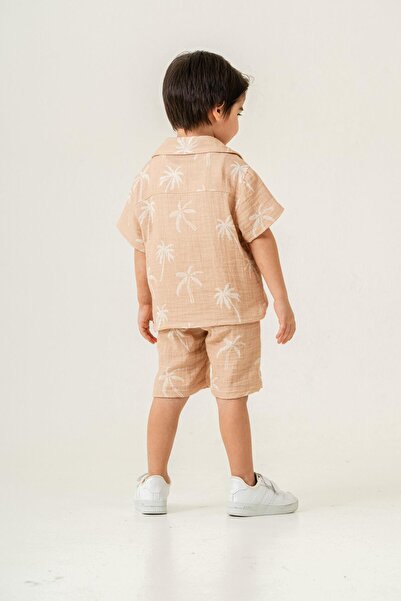 Magu Boys 100% Linen Summer Two-Piece Suit – Palm Print Short Sleeve Shirt & Elastic Waist