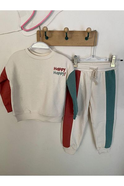 Magu Children's Cotton Happy Printed Sweatshirt Jogger Tracksuit Top and Bottom Set