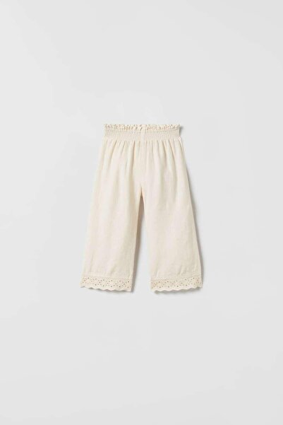 Magu Girl's Ecru Lace Striped Contrast Linen Blouse Trousers Top-Bottom Set