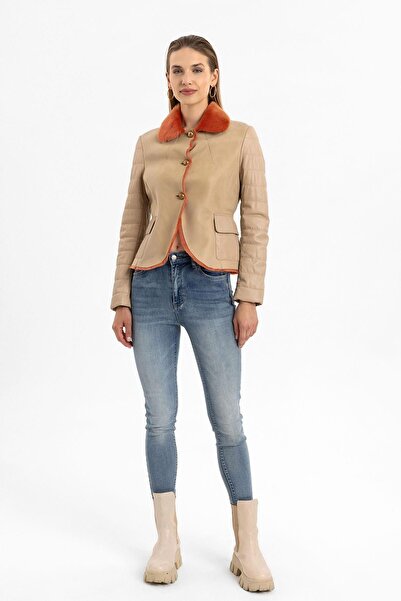 Deriderim Clima Bej Deri Turuncu Tüylü Hakiki Deri Kaban