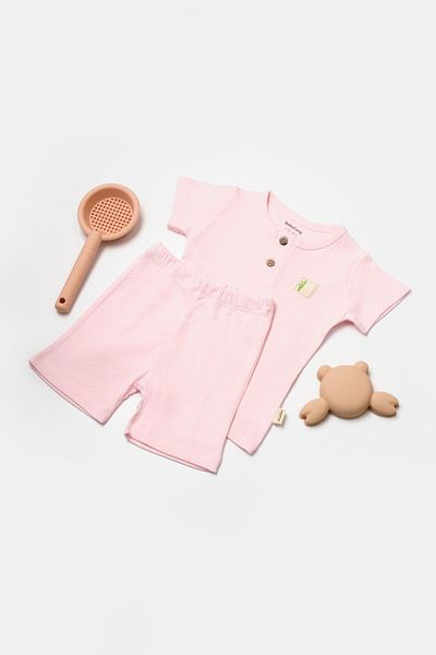 Magu Baby Girl Cotton Ribbed Buttoned T-Shirt and Shorts Set