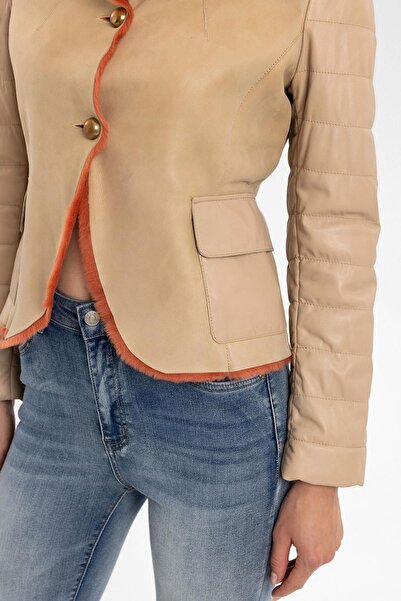 Deriderim Clima Bej Deri Turuncu Tüylü Hakiki Deri Kaban