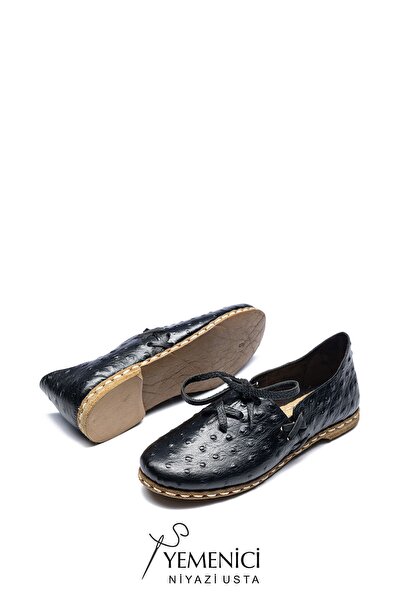 Hakiki Deri Unisex Siyah Benekli Bağcıklı Yemeni YB2