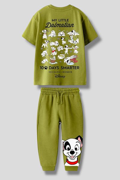 Magu Boys' Cotton Green Cute Dog Patterned Tracksuit Set – T-Shirt and Jogger Bottom
