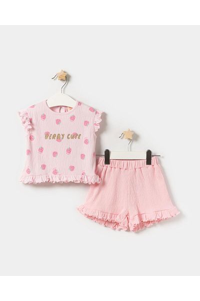 Magu Baby Girl Cotton Cream/Pink Strawberry Patterned Ruffle T-Shirt and Shorts Set –