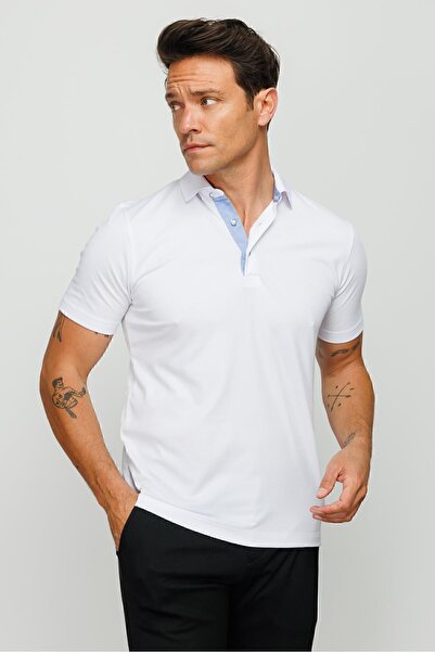 Desen Triko Ανδρικό μπλουζάκι με γιακά Polo με κουμπιά και τσέπη Λευκό