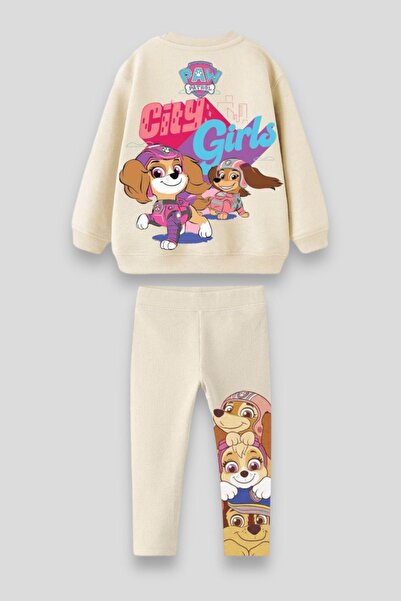 Magu Girl's Paw Petrol Patterned Winter 3 Thread Cotton Sweatshirt Tights Top and Bottom Set
