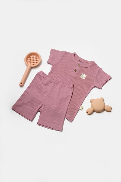 Magu Baby Girl Cotton Ribbed Buttoned T-Shirt and Shorts Set