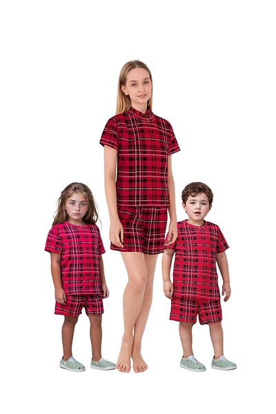 Drop Kids Mother Baby Pajama Set Combination Plaid Pattern Shorts (Sold Individually)