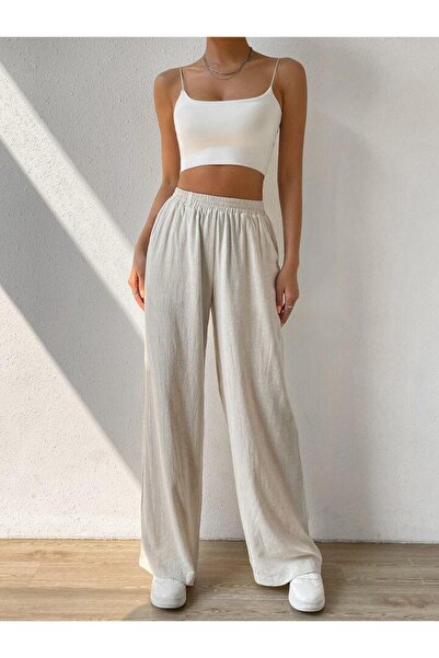 ketenhome KREM KADIN BOL KESİM KETEN PANTOLON