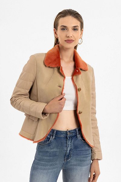 Deriderim Clima Beige Leather Orange Feather Genuine Leather Coat