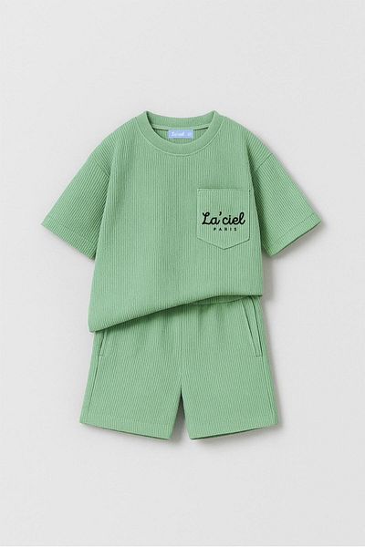Magu Unisex Children's Cotton Gray La'Ciel Written T-Shirt and Shorts Set - Seersucker Textured